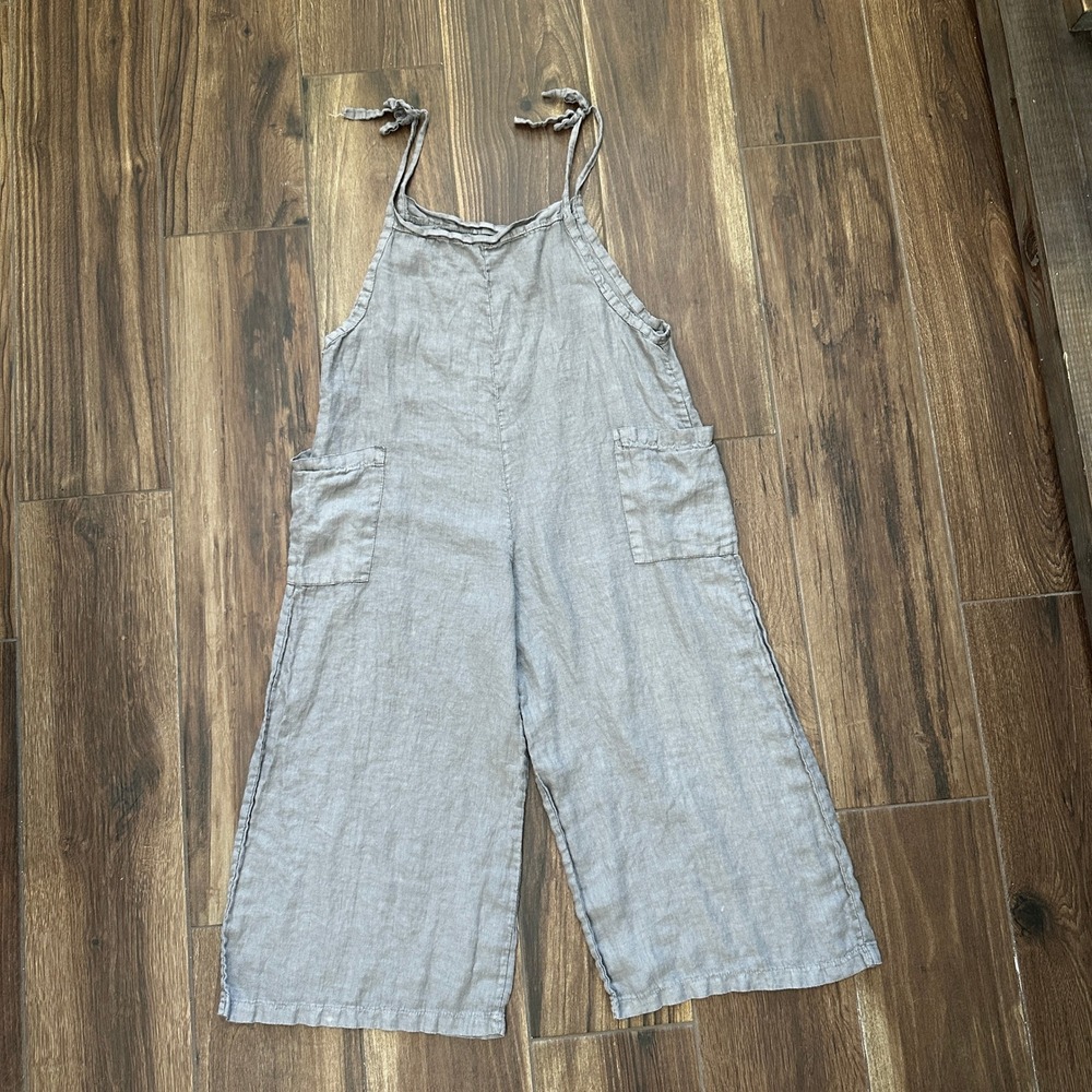 Meo Meli Italy Women Grey 100% Linen Wide Leg Tie Strap Overalls Jumpsuit Pocket